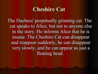 Cheshire Cat The Duchess' perpetually grinning cat. The cat speaks to Alice, but not to anyone else in the story. He informs Alice that he is insane. The Cheshire Cat can disappear and reappear suddenly, he can disappear very slowly, and he can appear as just a floating head.  