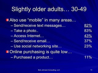 Slightly older adults… 30-49 Also use “mobile” in many areas… Send/receive text messages… 82% Take a photo.. 83% Access Internet… 43% Send/receive email… 37% Use social networking site… 23% Online purchasing is quite low… Purchased a product… 11% 