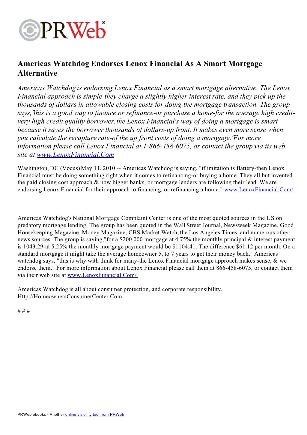 Americas Watchdog Endorses Lenox Financial
