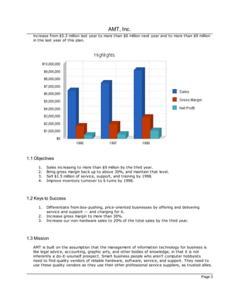 AMT, Inc.
   increase from $5.3 million last year to more than $6 million next year and to more than $9 million
   in the last year of this plan.




1.1 Objectives
      1.   Sales increasing to more than $9 million by the third year.
      2.   Bring gross margin back up to above 30%, and maintain that level.
      3.   Sell $1.5 million of service, support, and training by 1998.
      4.   Improve inventory turnover to 6 turns by 1998.



1.2 Keys to Success
      1.   Differentiate from box-pushing, price-oriented businesses by offering and delivering
           service and support -- and charging for it.
      2.   Increase gross margin to more than 30%.
      3.   Increase our non-hardware sales to 20% of the total sales by the third year.



1.3 Mission
   AMT is built on the assumption that the management of information technology for business is
   like legal advice, ac counting, graphic arts, and other bodies of knowledge, in that it is not
   inherently a do-it-yourself prospec t. Smart business people who aren't computer hobbyists
   need to find quality vendors of reliable hardware, software, service, and support. They need to
   use these quality vendors as they use their other professional service suppliers, as trusted allies.


                                                                                                  Page 3
 