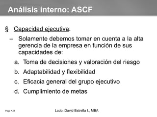 Capacidad ejecutiva : Solamente debemos tomar en cuenta a la alta gerencia de la empresa en función de sus capacidades de: Toma de decisiones y valoración del riesgo Adaptabilidad y flexibilidad Eficacia general del grupo ejecutivo Cumplimiento de metas Análisis interno: ASCF Lcdo. David Estrella I., MBA Lcdo. David Estrella I., MBA 