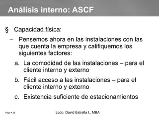 Capacidad física : Pensemos ahora en las instalaciones con las que cuenta la empresa y califiquemos los siguientes factores: La comodidad de las instalaciones – para el cliente interno y externo Fácil acceso a las instalaciones – para el cliente interno y externo Existencia suficiente de estacionamientos Análisis interno: ASCF Lcdo. David Estrella I., MBA Lcdo. David Estrella I., MBA 