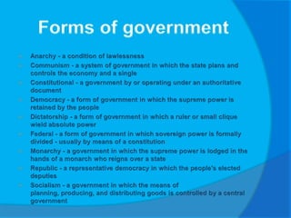 Forms of governmentAnarchy - a condition of lawlessness Communism - a system of government in which the state plans and controls the economy and a singleConstitutional - a government by or operating under an authoritative document  Democracy - a form of government in which the supreme power is retained by the peopleDictatorship - a form of government in which a ruler or small clique wield absolute power Federal - a form of government in which sovereign power is formally divided - usually by means of a constitutionMonarchy - a government in which the supreme power is lodged in the hands of a monarch who reigns over a state Republic - a representative democracy in which the people's elected deputiesSocialism - a government in which the means of planning, producing, and distributing goods is controlled by a central government 