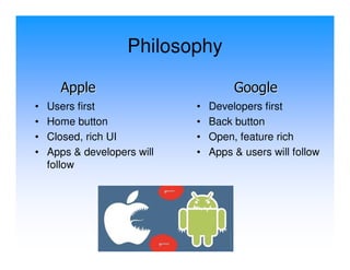 Philosophy

      Apple                           Google
•   Users first              •   Developers first
•   Home button              •   Back button
•   Closed, rich UI          •   Open, feature rich
•   Apps & developers will   •   Apps & users will follow
    follow
 