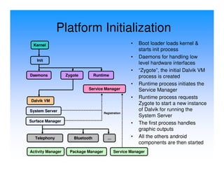 Platform Initialization
  Kernel                                              •   Boot loader loads kernel &
                                                          starts init process
                                                      •   Daemons for handling low
   Init
                                                          level hardware interfaces
                                                      •   “Zygote”, the initial Dalvik VM
Daemons            Zygote         Runtime                 process is created
                                                      •   Runtime process initiates the
                             Service Manager              Service Manager
                                                      •   Runtime process requests
Dalvik VM
                                                          Zygote to start a new instance
System Server                                             of Dalvik for running the
                                       Registration
                                                          System Server
Surface Manager
                                                      •   The first process handles
                                                          graphic outputs
  Telephony           Bluetooth          …            •   All the others android
                                                          components are then started
Activity Manager     Package Manager         Service Manager
 
