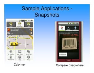Sample Applications -
        Snapshots




Cab4me            Compare Everywhere
 