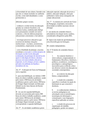 a diversidade de seus alunos, fazendo com    educação especial, educação de jovens e
que eles se sintam incluídos no ambiente     adultos, educação indígena, educação
escolar, como individualidades e como        ambiental e outras áreas emergentes do
pertencentes a                               campo educacional.

diferentes grupos sociais;                   Art. 3° - A estrutura do currículo do Curso
                                             de Pedagogia, respeitada a necessária
- conhecer e avaliar teorias da educação     diversidade no âmbito nacional, deverá
geradas no contexto brasileiro e da          abranger
América Latina, estabelecendo diálogo
com pensamentos oriundos de outros           I - um núcleo de conteúdos básicos,
contextos, a fim de elaborar propostas       articuladores da relação teoria e prática,
educacionais consistentes e inovadoras;      considerados obrigatórios pelas IES;

- investigar processos educativos que        II- tópicos de estudo de aprofundamento
ocorrem em distintas situações               e/ou diversificação da formação;
institucionais - escolares, assistenciais,
comunitárias, empresariais ou outras         III- estudos independentes.

- com a finalidade de planejar, executar,   Art. 4° O núcleo de conteúdos básicos
coordenar a execução e avaliar projetos de refere-se:
formação escolar ou de educação
continuada; de participar de iniciativas de         1.      Ao contexto histórico e
apoio à vida digna de idosos, doentes,              sócio-cultural, compreendendo os
pessoas com necessidades educativas                 fundamentos filosóficos, históricos,
especiais, ou de crianças, jovens e adultos         políticos, econômicos, sociológicos,
privados de ambiente de família e                   psicológicos e antropológicos
moradores de rua.                                   necessários para a reflexão crítica
                                                    nos diversos setores da educação na
Art. 4º - A duração do Curso de Pedagogia           sociedade contemporânea.
será a seguinte:
                                                    2.      ao contexto da educação
I - para uma habilitação, no mínimo 2.800           básica, compreendendo :
horas de efetivo trabalho acadêmico, sendo
pelo menos 2500 horas de atividades                 a.      o estudo dos conteúdos
acadêmicas gerais e pelo menos 300 horas            específicos resultante da opção da
de Estágio Supervisionado em Educação               Instituição no que concerne à
Infantil ou em Anos Iniciais do Ensino              docência;
Fundamental;
                                                    b.      os conhecimentos didáticos,
II - no caso de segunda habilitação,                as teorias pedagógicas em
deverão ser acrescidas pelo menos 800               articulação com as metodologias;
horas de efetivo trabalho acadêmico, sendo          tecnologias de informação e
pelo menos 500 horas de atividades                  comunicação e suas linguagens
acadêmicas gerais e pelo menos 300 horas            específicas aplicadas ao ensino.
de Estágio Supervisionado na etapa
correspondente à segunda habilitação.               c.      o estudo dos processos de
                                                    organização do trabalho
Art. 5º - As atividades acadêmicas gerais           pedagógico, gestão em espaços
 