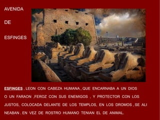 ESFINGES ESFINGES  , LEON  CON  CABEZA  HUMANA , QUE  ENCARNABA  A  UN  DIOS O  UN  FARAON  ,FEROZ  CON  SUS  ENEMIGOS  ,  Y  PROTECTOR  CON  LOS  JUSTOS,  COLOCADA  DELANTE  DE  LOS  TEMPLOS,  EN  LOS  DROMOS , SE  ALI NEABAN . EN  VEZ  DE  ROSTRO  HUMANO  TENIAN  EL  DE  ANIMAL. AVENIDA DE 
