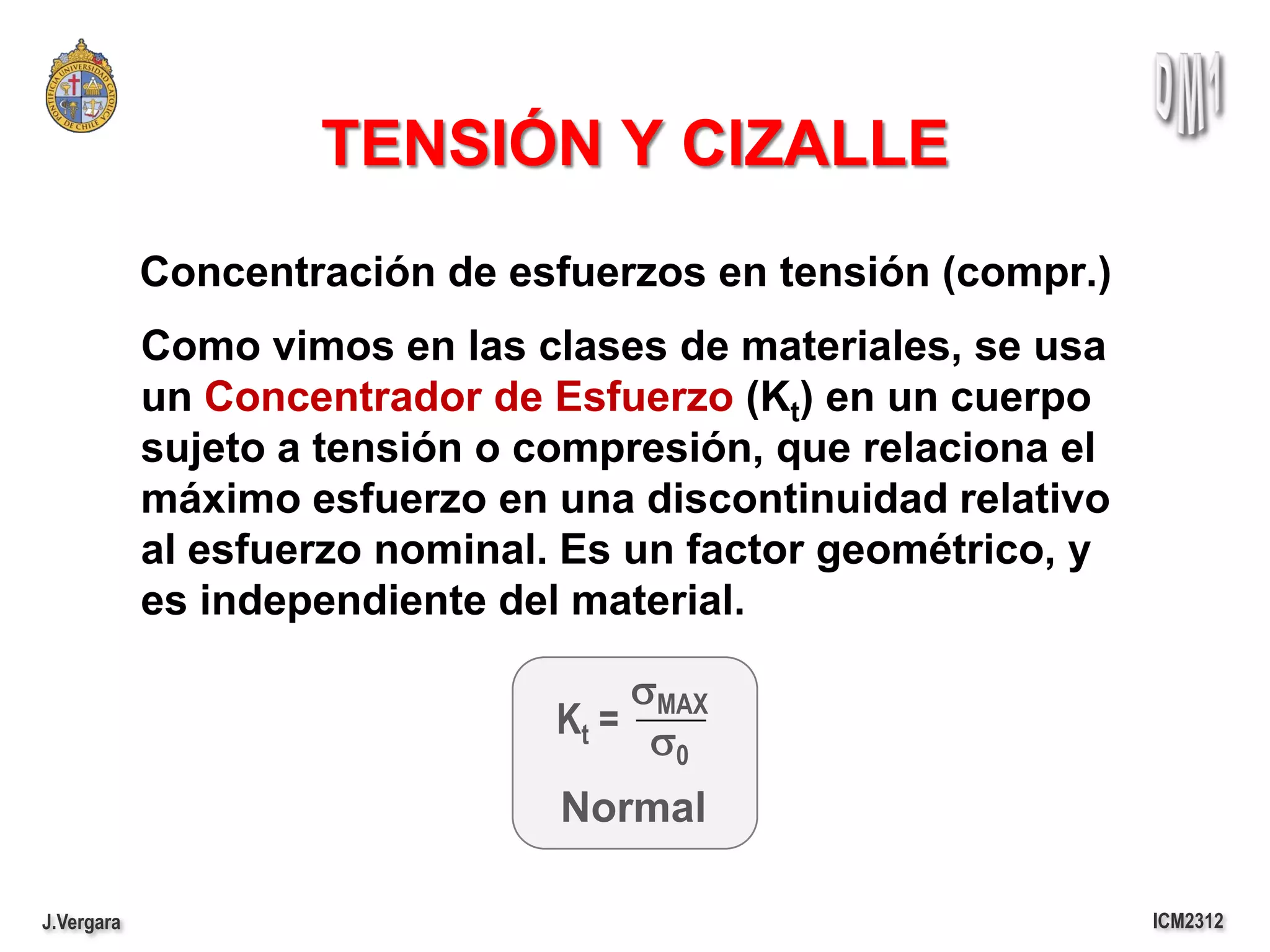 TENSIÓN Y CIZALLE
            Concentración de esfuerzos en tensión (compr.)
            Como vimos en las clases de materiales, se usa
            un Concentrador de Esfuerzo (Kt) en un cuerpo
            sujeto a tensión o compresión, que relaciona el
            máximo esfuerzo en una discontinuidad relativo
            al esfuerzo nominal. Es un factor geométrico, y
            es independiente del material.

                                    sMAX
                                Kt = s
                                       0

                                Normal

J.Vergara                                                     ICM2312
 