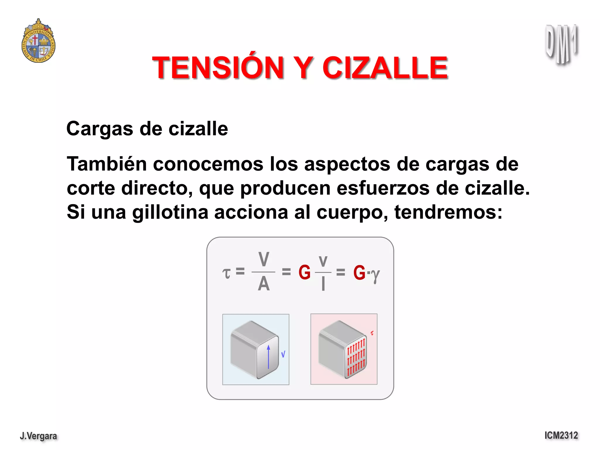 TENSIÓN Y CIZALLE
            Cargas de cizalle
            También conocemos los aspectos de cargas de
            corte directo, que producen esfuerzos de cizalle.
            Si una gillotina acciona al cuerpo, tendremos:

                               V    v
                            t=   = G = G·g
                               A    l




J.Vergara                                                       ICM2312
 