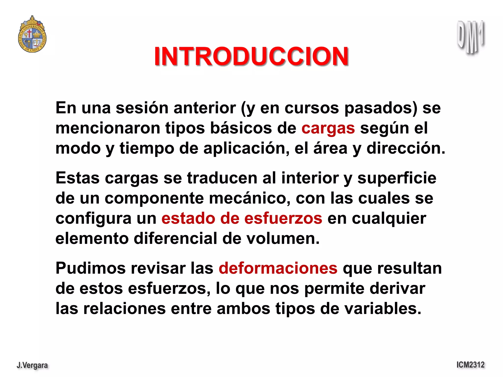 INTRODUCCION
            En una sesión anterior (y en cursos pasados) se
            mencionaron tipos básicos de cargas según el
            modo y tiempo de aplicación, el área y dirección.
            Estas cargas se traducen al interior y superficie
            de un componente mecánico, con las cuales se
            configura un estado de esfuerzos en cualquier
            elemento diferencial de volumen.
            Pudimos revisar las deformaciones que resultan
            de estos esfuerzos, lo que nos permite derivar
            las relaciones entre ambos tipos de variables.


J.Vergara                                                       ICM2312
 