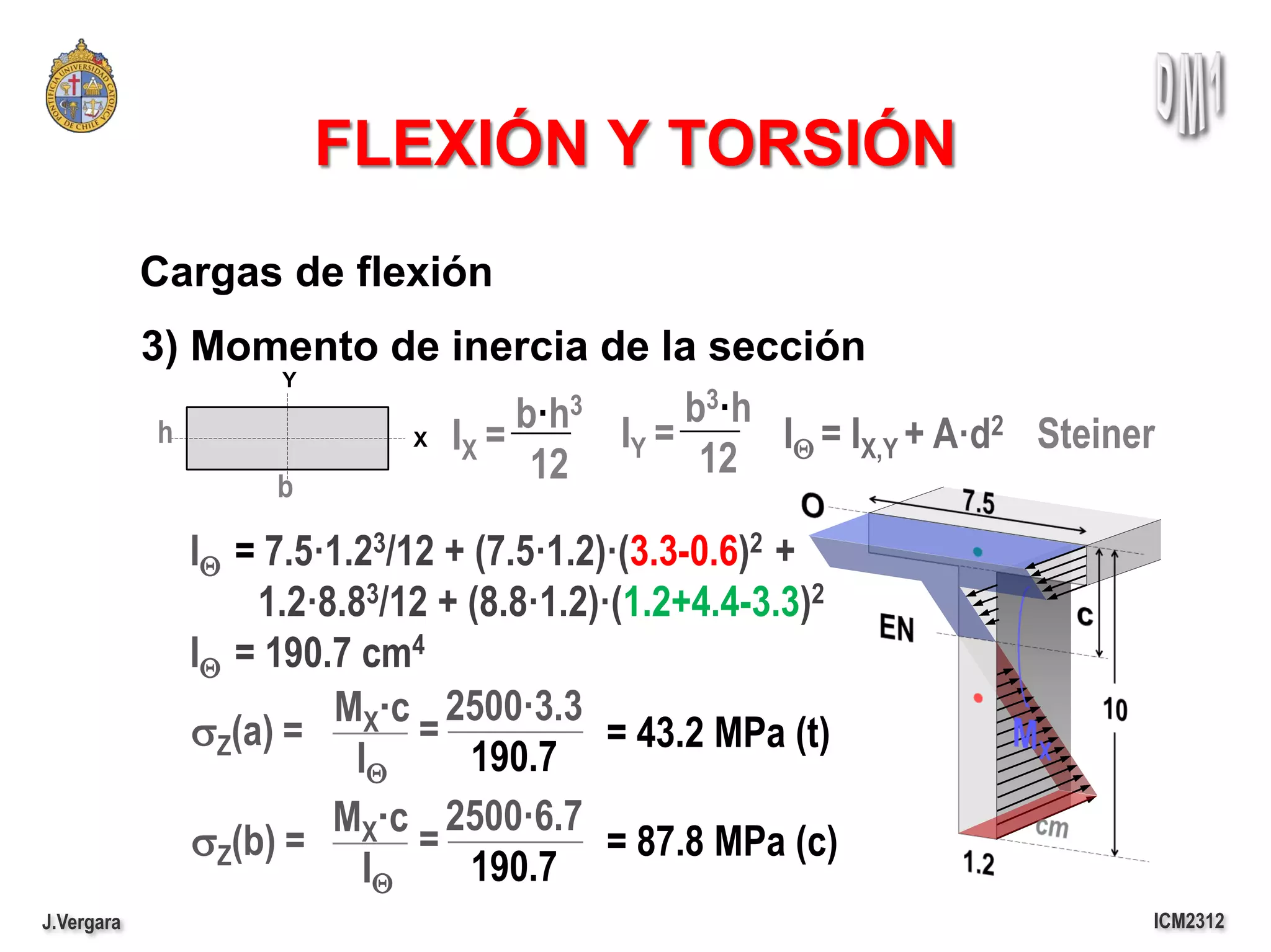 FLEXIÓN Y TORSIÓN
            Cargas de flexión
            3) Momento de inercia de la sección
                  Y

             h          X I =
                              b·h3 I = b3·h I = I + A·d2 Steiner
                  b
                           X
                               12 Y 12 Q X,Y

              IQ = 7.5·1.23/12 + (7.5·1.2)·(3.3-0.6)2 +
                  1.2·8.83/12 + (8.8·1.2)·(1.2+4.4-3.3)2
              IQ = 190.7 cm4
                       MX·c 2500·3.3
              sZ(a) =        =            = 43.2 MPa (t)
                         IQ      190.7
                       MX·c 2500·6.7
              sZ(b) =        =            = 87.8 MPa (c)
                          IQ     190.7
J.Vergara                                                      ICM2312
 