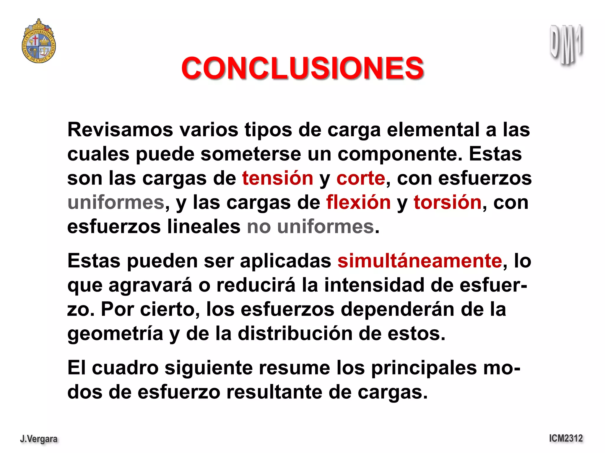 CONCLUSIONES
            Revisamos varios tipos de carga elemental a las
            cuales puede someterse un componente. Estas
            son las cargas de tensión y corte, con esfuerzos
            uniformes, y las cargas de flexión y torsión, con
            esfuerzos lineales no uniformes.
            Estas pueden ser aplicadas simultáneamente, lo
            que agravará o reducirá la intensidad de esfuer-
            zo. Por cierto, los esfuerzos dependerán de la
            geometría y de la distribución de estos.
            El cuadro siguiente resume los principales mo-
            dos de esfuerzo resultante de cargas.

J.Vergara                                                       ICM2312
 