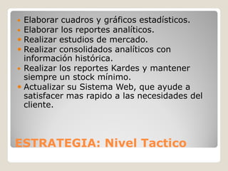  Elaborar cuadros y gráficos estadísticos.
 Elaborar los reportes analíticos.
 Realizar estudios de mercado.
 Realizar consolidados analíticos con
  información histórica.
 Realizar los reportes Kardes y mantener
  siempre un stock mínimo.
 Actualizar su Sistema Web, que ayude a
  satisfacer mas rapido a las necesidades del
  cliente.



ESTRATEGIA: Nivel Tactico
 