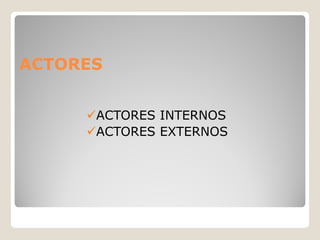 ACTORES


     ACTORES INTERNOS
     ACTORES EXTERNOS
 