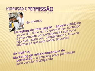 INTERRUPÇÃO X PERMISSÃONa Internet, Marketing de interrupção – aquele sofrido ao se ver um  filme na TV quando seu conteúdo é interrompido por propagandas que você não pediu para ver,  atrapalhando o fluxo da informação que está sendo adquiridadá lugar ao Marketing de relacionamento e de permissão – a empresa pede permissão para veicular propaganda.  