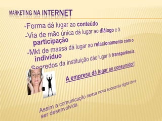 MARKETING NA INTERNET -Forma dá lugar ao conteúdo-Via de mão única dá lugar ao diálogo e à participação-Mkt de massa dá lugar ao relacionamento com o indivíduo-Segredos da instituição dão lugar à transparência.A empresa dá lugar ao consumidor! Assim a comunicação nessa nova economia digital deve ser desenvolvida.