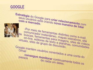 GoogleEstratégia do Google para criar relacionamento com seus usuários está criando nova maneira de lidar com o mercado.           -Por meio de ferramentas distintas como e-mail,   	comunicador instantâneo, mapas interativos, site de 	buscas, ferramentas para imagens, sites de vídeos 	on-line, editores de texto e planilhas, comunidades virtuais, sites de grupo de discussão, Google mantém usuários conectados a uma conta do Gmailconsegue monitorar continuamente todos os passos      	de cada um deles. 