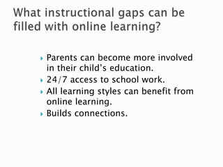 What instructional gaps can be filled with online learning?Parents can become more involved in their child’s education.24/7 access to school work.All learning styles can benefit from online learning.Builds connections.