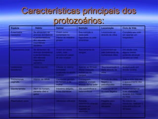 Características principais dos protozoários: No interior da hemácias, realizam o ciclo eritrocítico de 48 horas  Flagelos para captura de alimentos  Nutrição heterótrofa,obtendo alimento por ingestão ou absorção  Glândulas salivares  Plasmodium vivax  Podem conservar suas vitalidades durante dois meses ou mais  Presença de um ou mais flagelos  São autotróficos e heterotróficos  Intestimo delgado, fezes diarréicas  Alem do homem, parasita cães e gatos  Giardia lamblia  Três a vinte dias até o aparecimento dos sintomas  Através de cílios,  flagelos ou pseudópodes  Conseguem sintetizar energia através da luz solar  Cavidades genitais do homem e da mulher  Interior da célula  Trichomonas vaginalis  Multiplicação por divisão binária  Sua locomoção é dada através de vôos  Apenas as fêmeas desse mosquito nutrem-se de sangue  Células do istema endotelial, localizada no tecido cutâneo  Hábito noturno Leishmania brasiliensis   Um adulto vive alguns meses podendo alcançar um ano ou mais  Locomovem-se pelo batimento de numerosos cílios  Basicamente de sangue  Vivem em áreas rurais, mais comuns em casas de pau-a-pique  Se alimentam de animais domésticos e peridomésticos, têm elevada importância sanitária.  Trypanosoma cruzi  Completa seu ciclo em apenas um hospedeiro  Locomoven-se através de cílios  Sua nutrição é dada pela fagocitose ou pela  pinocitose  Vivem como comensais no interior do intestino grosso  Se alimentam de animais domésticos e peridomésticos, têm elevada importância sanitária.  Entamoeba histolytica  Ciclo de Vida   Locomoção   Nutrição   Habitat   Hábito   Espécie   