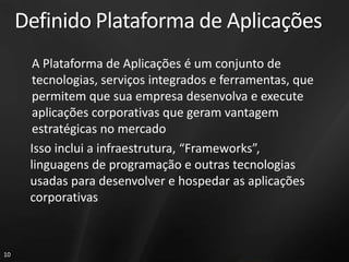 Definido Plataforma de AplicaçõesA Plataforma de Aplicações é um conjunto de tecnologias, serviços integrados e ferramentas, que permitem que sua empresa desenvolva e execute aplicações corporativas que geram vantagem estratégicas no mercadoIsso inclui a infraestrutura, “Frameworks”, linguagens de programação e outras tecnologias usadas para desenvolver e hospedar as aplicações corporativas