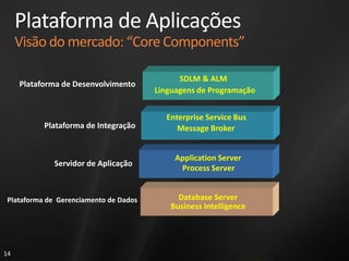Plataforma de Aplicações Visão do mercado: “Core Components”SDLM & ALMPlataforma de DesenvolvimentoLinguagens de ProgramaçãoEnterprise Service BusPlataforma de IntegraçãoMessageBrokerApplication ServerProcess ServerServidor de AplicaçãoDatabase ServerBusiness IntelligencePlataforma de  Gerenciamento de Dados