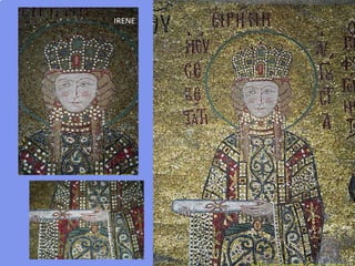 SANTA SOFÍA: THEOTOKOS CON EL EMPERADOR JUAN II E IRENE

Los rostros con rasgos lineales y los ojos abiertos, transmiten la impresión de
una vida interior intensa y espiritual. No hay gradaciones tonales y por
consecuencia no hay tratamiento del volumen y las figuras se mueven en un
mundo bidimensional. Esquematización de los rasgos.
 
