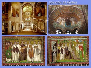 SAN VITAL DE RÁVENA (S. VI)

ÁBSIDE: Se muestra a Cristo, sin barba, sentado
sobre el globo terrestre, haciendo entrega a San
Vital de la corona del martirio y recibiendo del
obispo Eclesio la maqueta del templo. A ambos
lados dos ángeles que acompañan a Cristo.
:Marcada intención paisajística. Fondos oro y verde.
Figuras que no muestran estados de ánimo.




    PARTE INFERIOR DEL ARCO TRIUNFAL: Mosaicos del emperador Justiniano y la emperatriz
    Teodora con su séquito. Son los más destacados. Ambos aparecen en el momento en el
    que iban a hacer una ofrenda a la iglesia con motivo de su consagración.
 