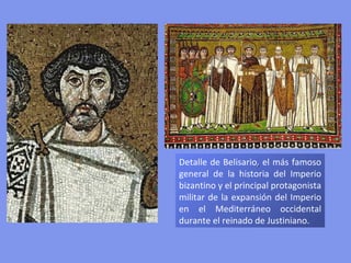 ANÁLISIS

Sobre un fondo neutro,
abstracto, este grupo de
figuras rígidas, firmes,
que miran fijamente
hacia el espectador, son
un claro ejemplo de las
reglas que rigen la
representación humana y
espacial en el arte
bizantino y de las
tradiciones que influyeron
en su formación.



INFLUENCIAS ROMANAS: el tema principal es la figura humana; la individualización de los rostros
-retratos- con miradas profundas (ojos grandes y muy abiertos), llenos dé expresividad; el representar
el emperador joven a pesar de estar hecho cuando tenía bastantes años; y el que Justiniano destaque
del grupo se debe a que se trata de glorificar al Emperador como hacían los romanos.
INFLUENCIAS ORIENTALES: se aprecian en la ausencia de un entorno real; en la falta de volumen y
movimiento en las figuras, ordenadas según la ley de la frontalidad; en el gusto por resaltar los
efectos decorativos; el enmarque del conjunto a modo de tapiz; la minuciosidad en cualquier detalle
(escudo, tapas del libro, corazas, joyas...); y en los fuertes contrastes de colores: vestidos blancos o
marrones sobre fondo dorado o verde.
 