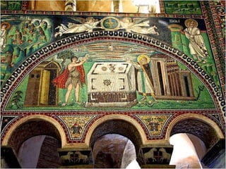 En uno de los muros laterales
donde aparecen los
evangelistas sobre un fondo
paisajista y rocoso y también
junto al altar se representan
escenas del Antiguo
Testamento como la de Abel y
Melquisedec.
 