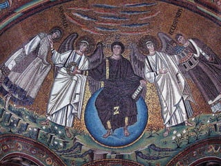 ÁBSIDE DE SAN VITAL

El mosaico principal
de la iglesia de San
Vital, localizado en el
ábside, presenta a un
Cristo
imberbe, joven, entro
nizado en un globo
que representa el
Universo. Porta el
Libro del Apocalipsis.
A ambos costados se
encuentran         dos
ángeles y en los
extremos se puede
ver a San Vital y al
obispo Eclesio.
 