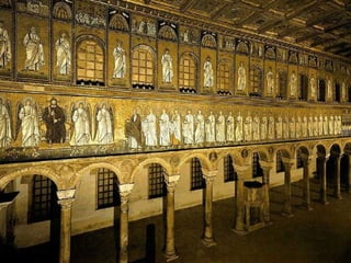 EL PUERTO DE CLASSE




En las paredes frontales está representado el Puerto de Classe, que en
aquella época era el mayor de todo el Adriático, además de una de las
principales sedes de la flota imperial romana. A la derecha de los
barcos, se observan las murallas de la ciudad, dentro de la cual se
adivinan varios edificios notablemente estilizados: un anfiteatro, un
pórtico, una basílica, una construcción civil de planta central cubierta con
un techado cónico. Sobre la puerta de acceso a la ciudad, en el extremo
derecho, se lee la expresión latina: CIVI CLASSIS (Ciudad de Classe).
 