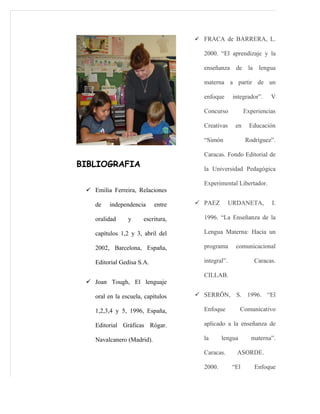  FRACA de BARRERA, L.

                                      2000. “El aprendizaje y la

                                      enseñanza de la lengua

                                      materna a partir de un

                                      enfoque       integrador”.    V

                                      Concurso            Experiencias

                                      Creativas      en     Educación

                                      “Simón              Rodríguez”.

                                      Caracas. Fondo Editorial de
BIBLIOGRAFIA                          la Universidad Pedagógica

                                      Experimental Libertador.
  Emilia Ferreira, Relaciones

    de   independencia      entre    PAEZ         URDANETA,        I.

    oralidad     y     escritura,     1996. “La Enseñanza de la

    capítulos 1,2 y 3, abril del      Lengua Materna: Hacia un

    2002, Barcelona, España,          programa       comunicacional

    Editorial Gedisa S.A.             integral”.              Caracas.

                                      CILLAB.
  Joan Tough, El lenguaje

    oral en la escuela, capítulos    SERRÖN, S. 1996. “El

    1,2,3,4 y 5, 1996, España,        Enfoque          Comunicativo

    Editorial Gráficas Rógar.         aplicado a la enseñanza de

    Navalcanero (Madrid).             la      lengua        materna”.

                                      Caracas.       ASORDE.

                                      2000.         “El       Enfoque
 
