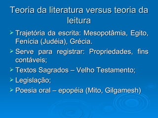 Teoria da literatura versus teoria da leitura Trajetória da escrita: Mesopotâmia, Egito, Fenícia (Judéia), Grécia. Serve para registrar: Propriedades, fins contáveis; Textos Sagrados – Velho Testamento; Legislação; Poesia oral – epopéia (Mito, Gilgamesh) 