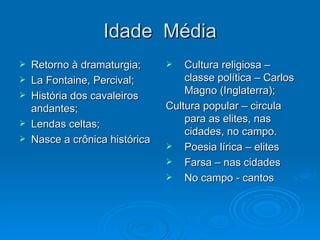 Idade  Média Retorno à dramaturgia; La Fontaine, Percival; História dos cavaleiros andantes; Lendas celtas; Nasce a crônica histórica Cultura religiosa – classe política – Carlos Magno (Inglaterra); Cultura popular – circula para as elites, nas cidades, no campo. Poesia lírica – elites Farsa – nas cidades No campo - cantos 
