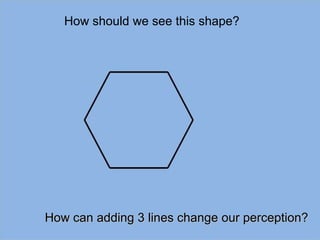 How should we see this shape? How can adding 3 lines change our perception? 