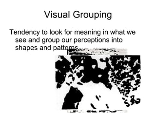 Visual Grouping Tendency to look for meaning in what we see and group our perceptions into shapes and patterns 