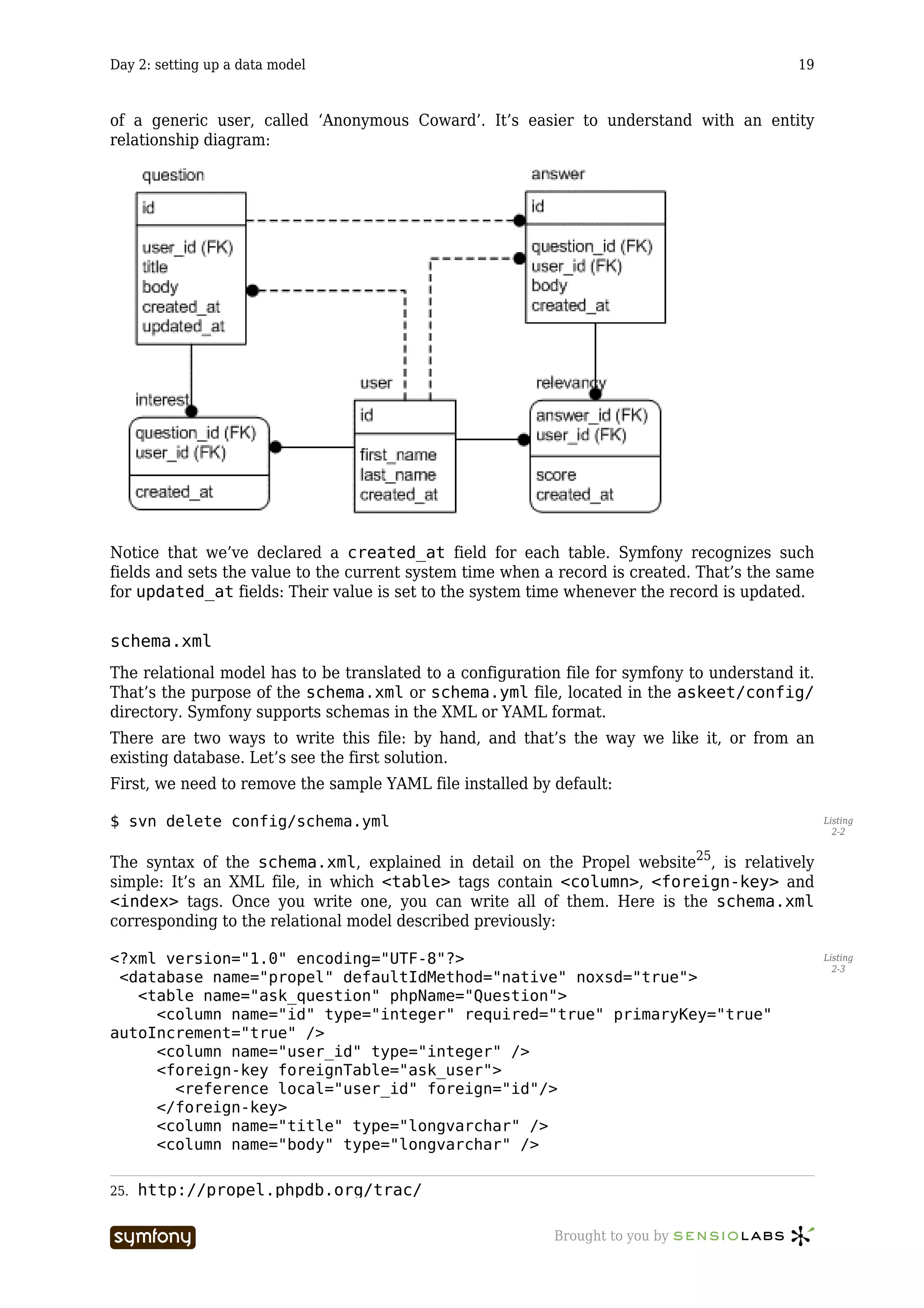 Day 2: setting up a data model                                                              19



of a generic user, called ‘Anonymous Coward’. It’s easier to understand with an entity
relationship diagram:




Notice that we’ve declared a created_at field for each table. Symfony recognizes such
fields and sets the value to the current system time when a record is created. That’s the same
for updated_at fields: Their value is set to the system time whenever the record is updated.


schema.xml
The relational model has to be translated to a configuration file for symfony to understand it.
That’s the purpose of the schema.xml or schema.yml file, located in the askeet/config/
directory. Symfony supports schemas in the XML or YAML format.
There are two ways to write this file: by hand, and that’s the way we like it, or from an
existing database. Let’s see the first solution.
First, we need to remove the sample YAML file installed by default:

$ svn delete config/schema.yml                                                                    Listing
                                                                                                    2-2


The syntax of the schema.xml, explained in detail on the Propel website25, is relatively
simple: It’s an XML file, in which <table> tags contain <column>, <foreign-key> and
<index> tags. Once you write one, you can write all of them. Here is the schema.xml
corresponding to the relational model described previously:

<?xml version="1.0" encoding="UTF-8"?>                                                            Listing
                                                                                                    2-3
 <database name="propel" defaultIdMethod="native" noxsd="true">
   <table name="ask_question" phpName="Question">
     <column name="id" type="integer" required="true" primaryKey="true"
autoIncrement="true" />
     <column name="user_id" type="integer" />
     <foreign-key foreignTable="ask_user">
       <reference local="user_id" foreign="id"/>
     </foreign-key>
     <column name="title" type="longvarchar" />
     <column name="body" type="longvarchar" />

25.   http://propel.phpdb.org/trac/

                          -----------------                Brought to you by
 