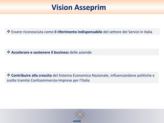 Vision Asseprim Essere riconosciuta come  il riferimento indispensabile  del settore dei Servizi in Italia Contribuire alla crescita  del Sistema Economico Nazionale, influenzandone politiche e scelte tramite Confcommercio-Imprese per l’Italia Accelerare e sostenere il business  delle aziende 