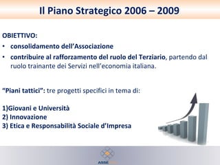 Il Piano Strategico 2006 – 2009 OBIETTIVO:  consolidamento   dell’Associazione contribuire al rafforzamento del ruolo del Terziario , partendo dal ruolo trainante dei Servizi nell’economia italiana.  “ Piani tattici”:  tre progetti specifici in tema di: 1)Giovani e Università  2) Innovazione  3) Etica e Responsabilità Sociale d’Impresa 
