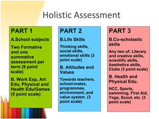 Holistic Assessment PART 1 A.School subjects Two Formative  and one summative assessment per term (9 point scale) B. Work Exp, Art Edu, Physical and Health Edu/Games (5 point scale) PART 3 Co-scholastic skills Any two of: Literary and creative skills, scientific skills, Aesthetics skills, Clubs (3 point scale) B. Health and Physical Edu. NCC, Sports, swimming, First Aid, Yoga, Scout, etc. (3 point scale) PART 2 Life Skills  Thinking skills, social skills, emotional skills (3 point scale) B. Attitudes and Values Towards teachers, school-mates, programmes, environment, and value system. (3 point scale) 
