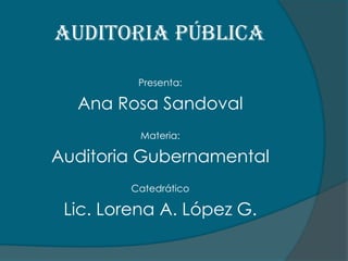 Auditoria Pública Presenta: Ana Rosa Sandoval Materia: Auditoria Gubernamental Catedrático Lic. Lorena A. López G. 