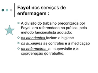 Fayol n os serviços de  enfermagem : A divisão do trabalho preconizada por Fayol  era referendada na prática, pelo método funcionalista adotado:  os atendentes  faziam a higiene os auxiliares  as controles  e a  medicação as enfermeiras  a  supervisão  e a  coordenação do trabalho. 