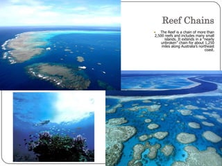 Reef ChainsThe Reef is a chain of more than 2,500 reefs and includes many small islands. It extends in a “nearly unbroken” chain for about 1,250 miles along Australia’s northeast coast.