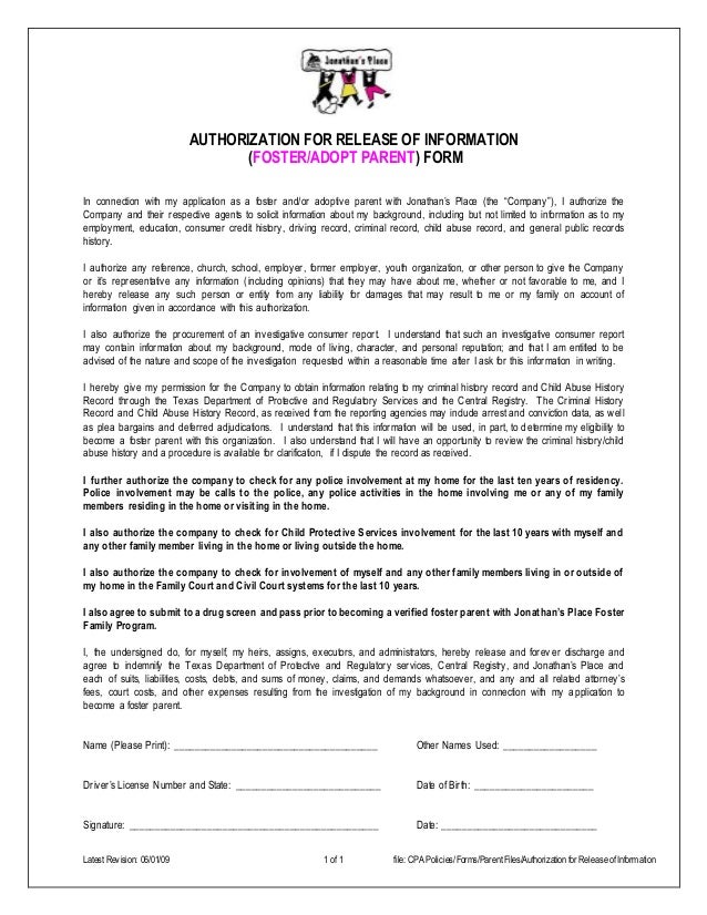 authorization for release of information authorization of release