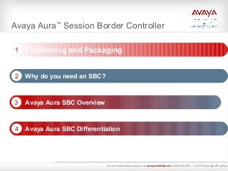 2
Why do you need an SBC?2
Avaya Aura SBC Overview3
Avaya Aura™
Session Border Controller
Positioning and Packaging1
Avaya...
