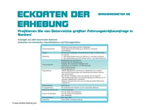 ECKDATEN DER                                                     BANKBAROMETER 08



     ERHEBUNG
     Profitieren Sie von Österreichs größter Führungskräfteumfrage in
     Banken!
     Aussagen aus allen dezentralen Sektoren
     Antworten von Vorständen, Geschäftsleitern und Führungskräften




© www.emotion-banking.com
 