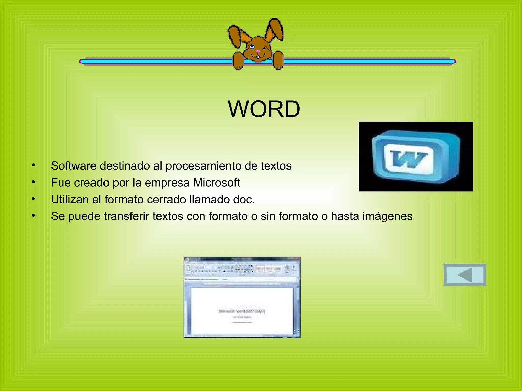 WORD Software destinado al procesamiento de textos Fue creado por la empresa Microsoft Utilizan el formato cerrado llamado doc. Se puede transferir textos con formato o sin formato o hasta imágenes