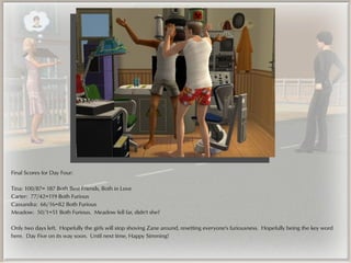 Final Scores for Day Four:

Tina: 100/87= 187 Both Best Friends, Both in Love
Carter: 77/42=119 Both Furious
Cassandra: 66/16=82 Both Furious
Meadow: 50/1=51 Both Furious. Meadow fell far, didn't she?

Only two days left. Hopefully the girls will stop shoving Zane around, resetting everyone's furiousness. Hopefully being the key word
here. Day Five on its way soon. Until next time, Happy Simming!
 