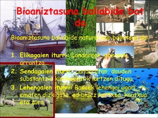 Bioaniztasuna baliabide bat
             da
Bioaniztasuna baliabide natural oso baliotsua da:

1. Elikagaien iturri: Landareak, abereak,
   arrantza…
2. Sendagaien iturri: Landaretan dauden
   substantzia kimikoetatik lortzen ditugu.
3. Lehengaien iturri: Basoek lehengai ugari
   ematen dizkigute, adibidez kortxoa, kautxua
   eta zura.
 